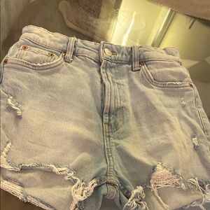 Zara Light Blue Distressed High-Rise Denim Shorts
